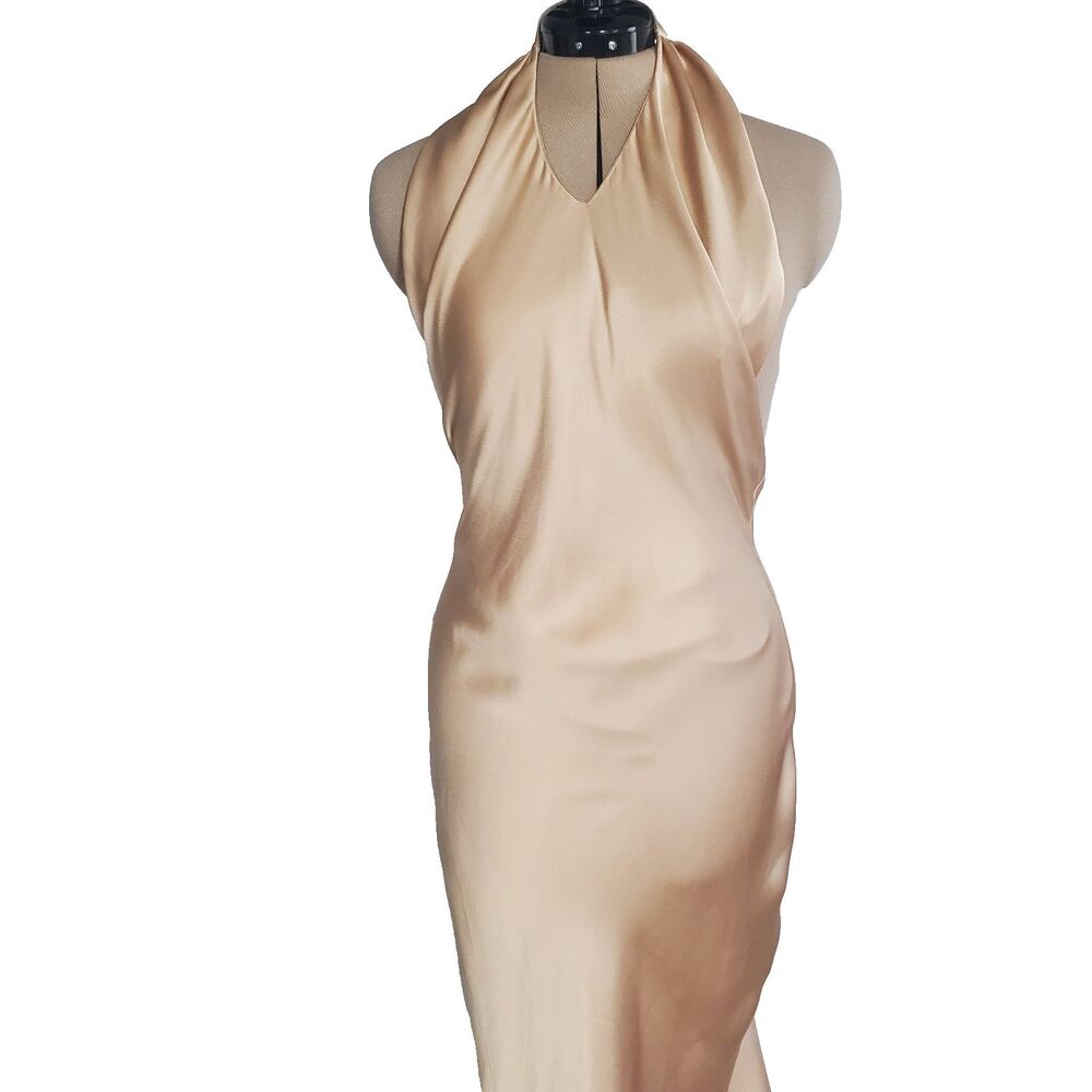 Show Me Your Mumu Women’s Maxi Dress Medium Champagne Luxe Satin Halter Backless - Picture 2 of 11